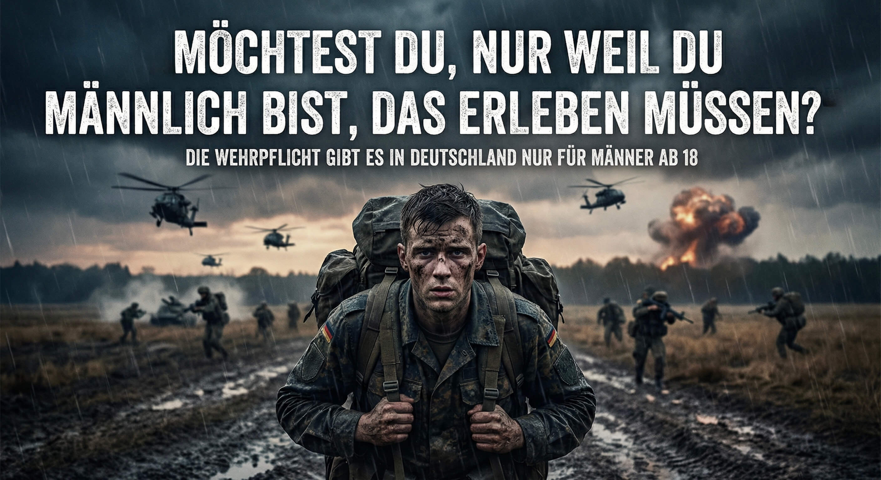 Bundeswehr-Soldat im Regen mit Sprechblase: Gleiche Verfassung, gleiche Demokratie – aber nur weil ich männlich bin, steh ich jetzt hier.