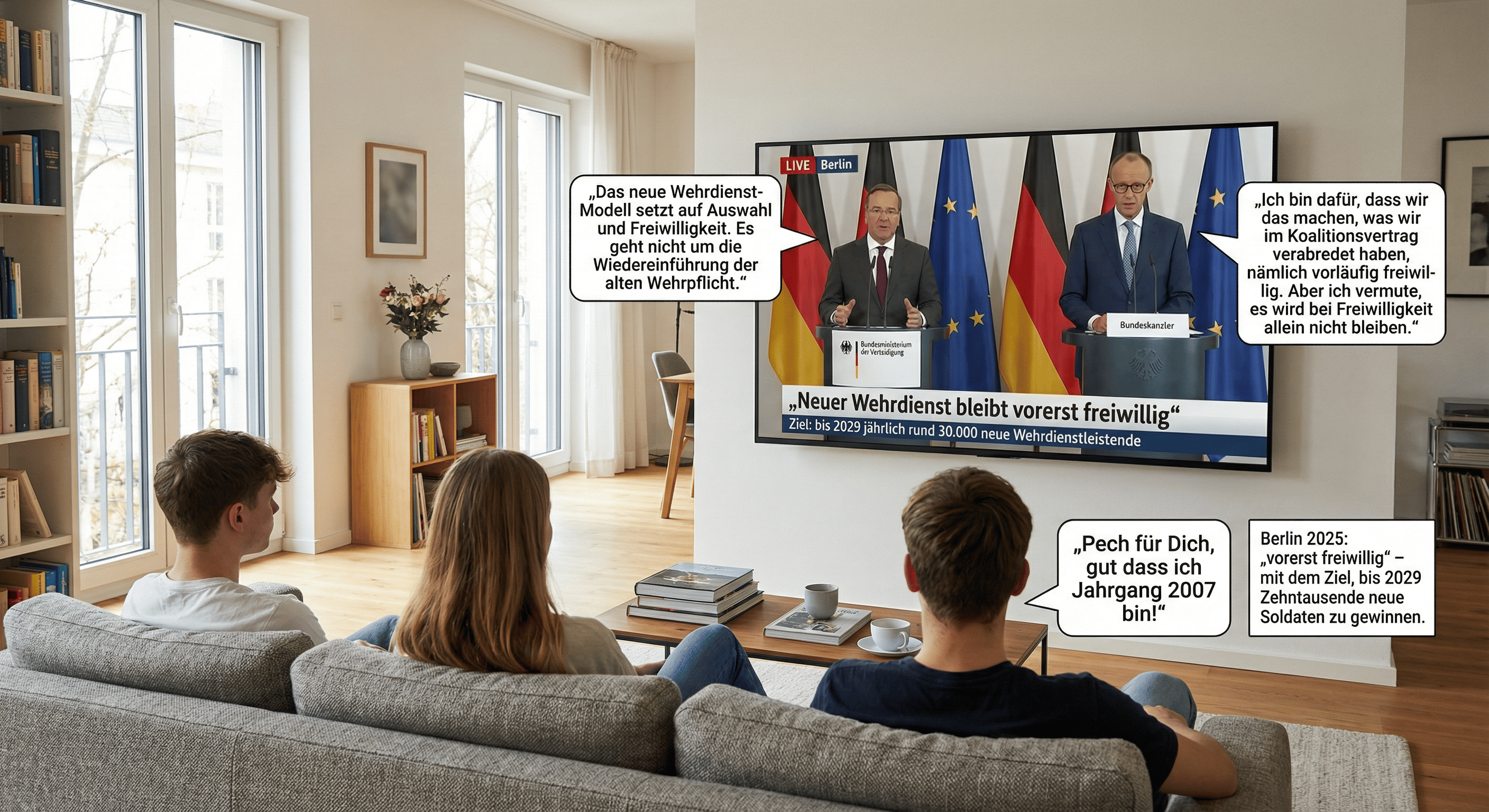 Jugendliche vor dem Fernseher, Sondersendung zur Einführung des neuen Wehrdienstes 2026