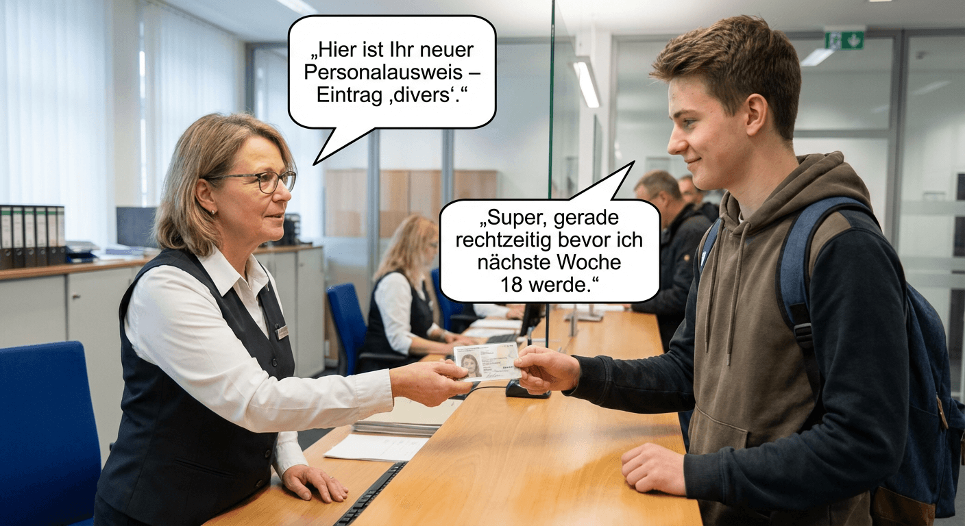 Max holt seinen neuen Personalausweis ab – Geschlecht: divers