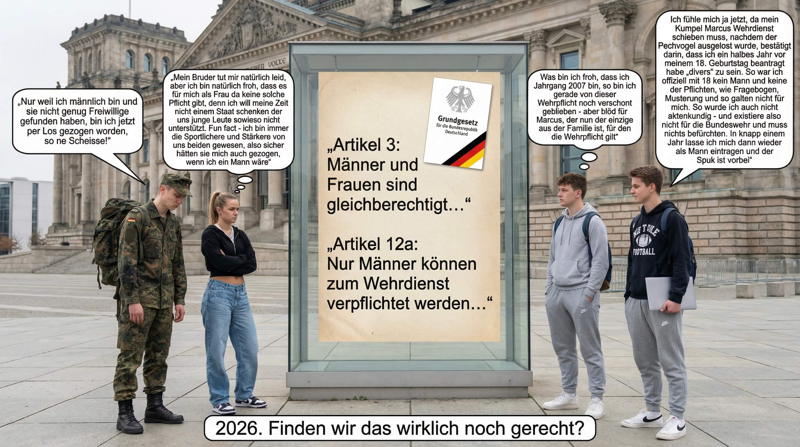 Vor dem Reichstag – Jonas in Bundeswehr-Uniform, daneben Lisa, Tom und Max in Zivil